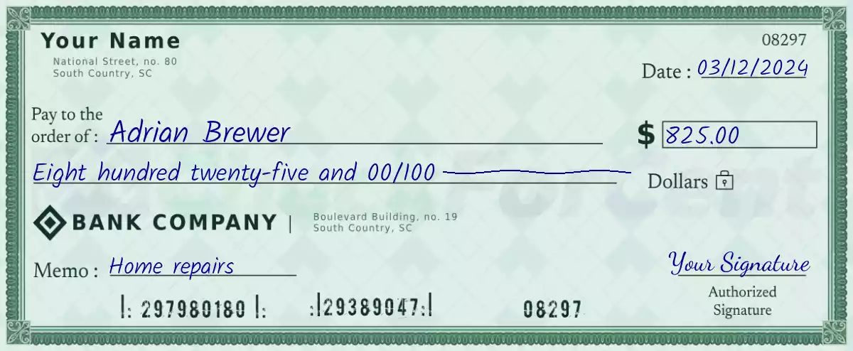 Example of a 825 dollar check