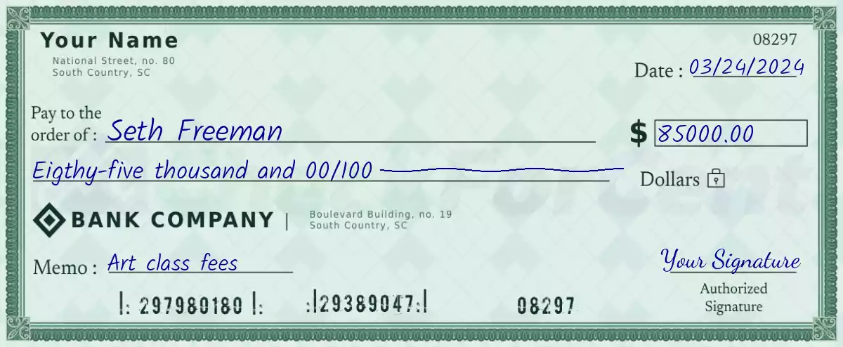 Example of a 85000 dollar check