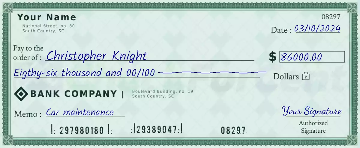 Example of a 86000 dollar check