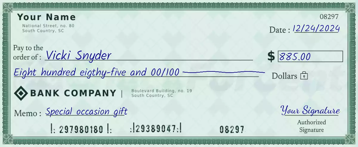 Example of a 885 dollar check