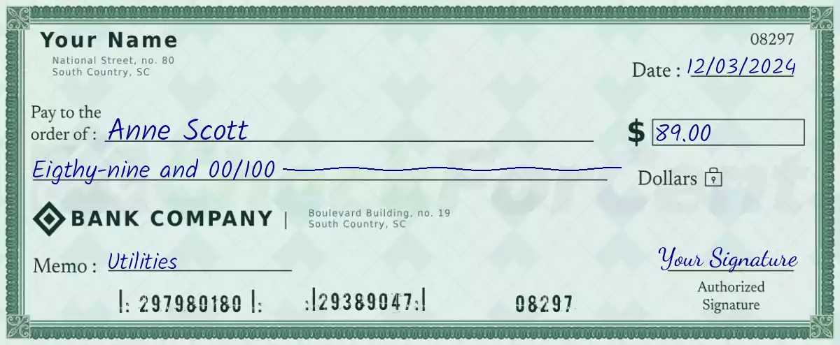 Example of a 89 dollar check