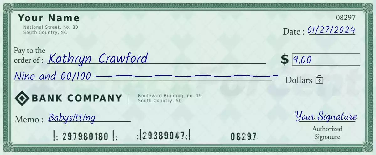 Example of a 9 dollar check