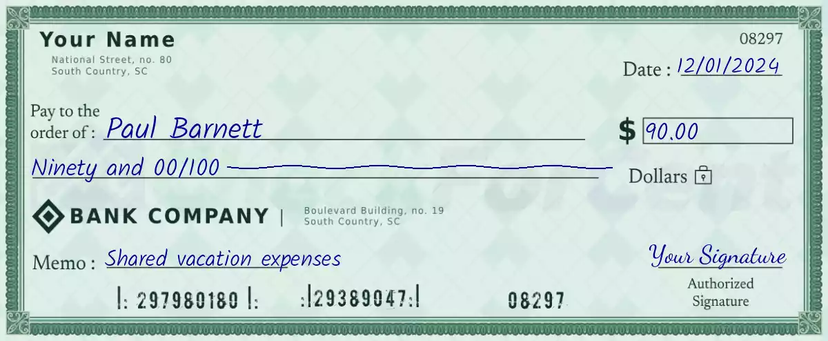 Example of a 90 dollar check