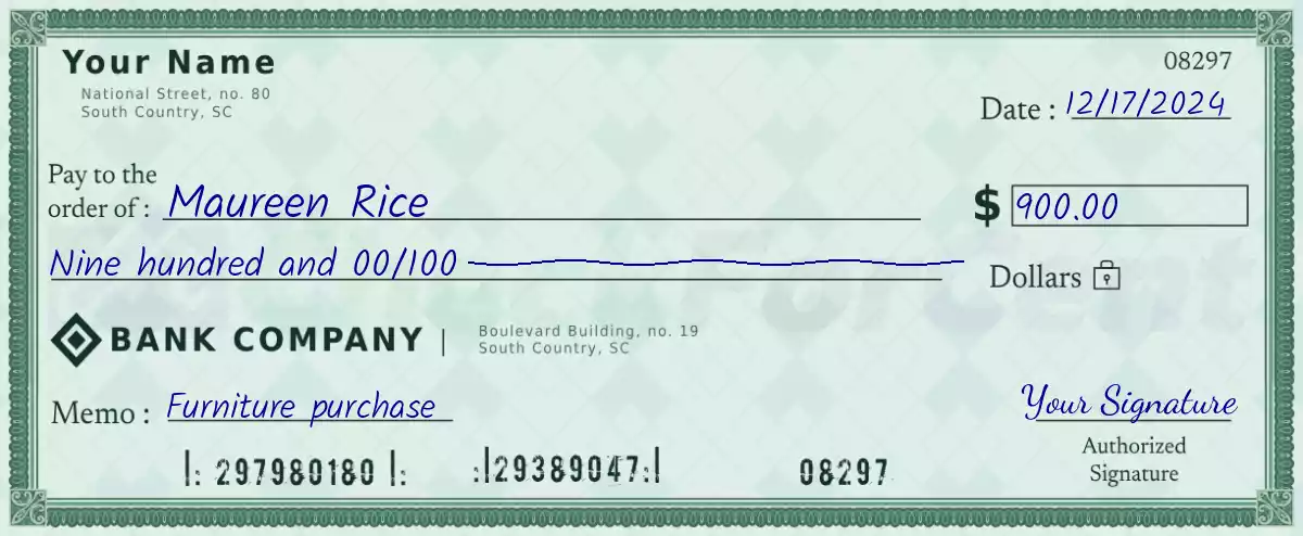 Example of a 900 dollar check