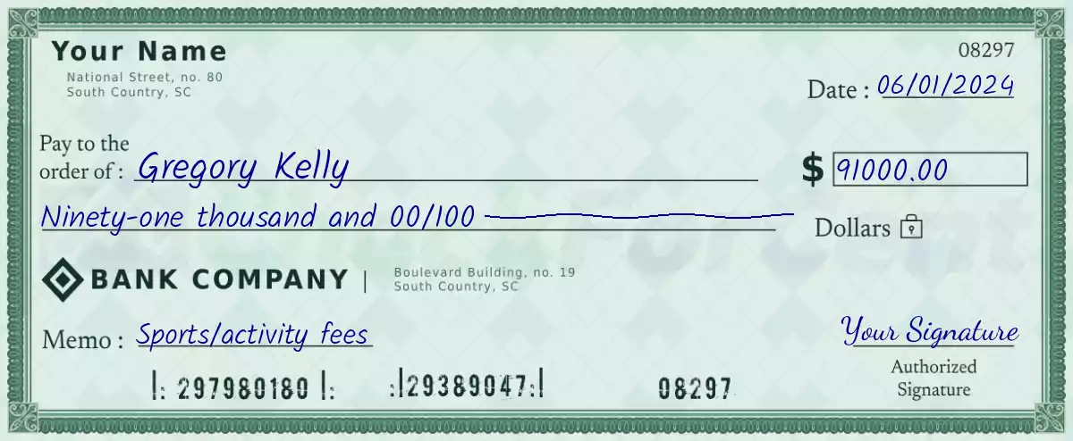 Example of a 91000 dollar check