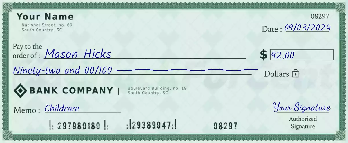 Example of a 92 dollar check
