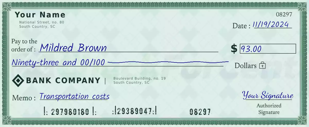 Example of a 93 dollar check
