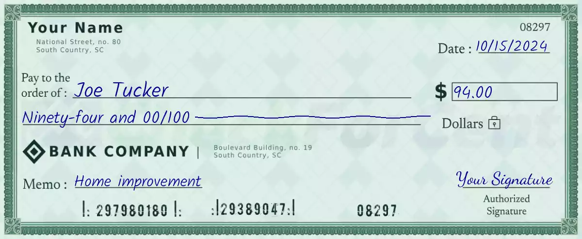 Example of a 94 dollar check
