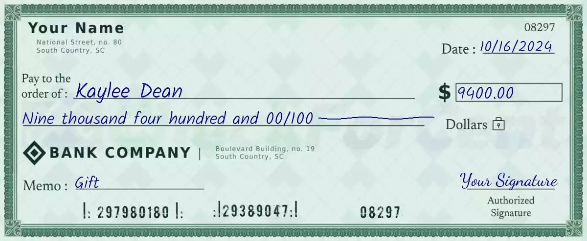 Example of a 9400 dollar check