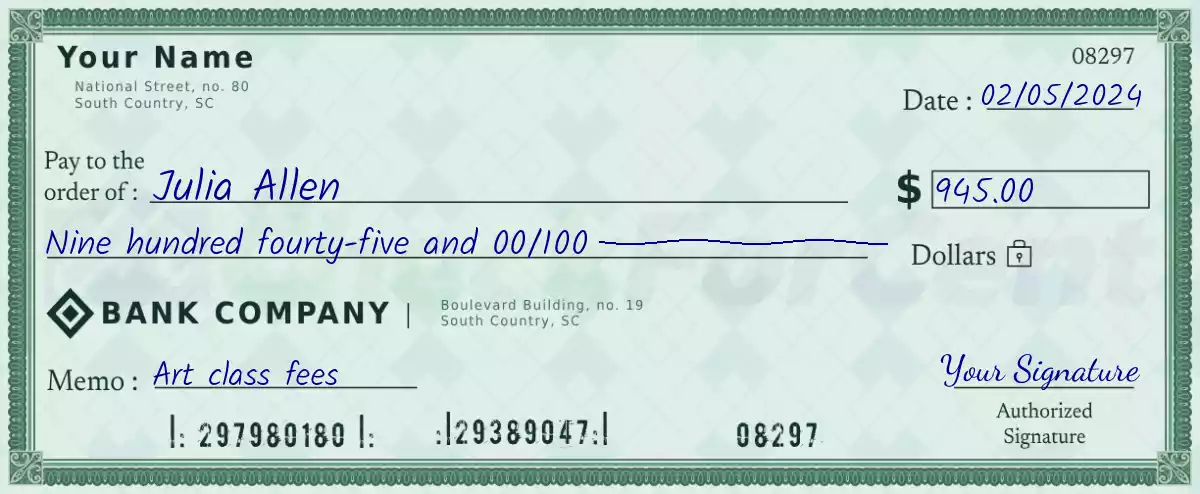 Example of a 945 dollar check