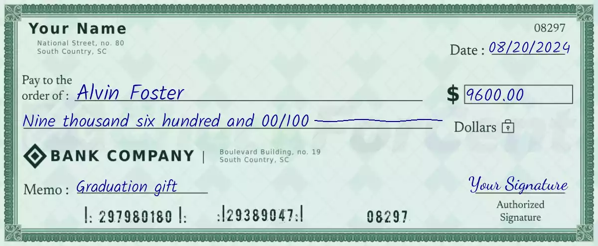 Example of a 9600 dollar check