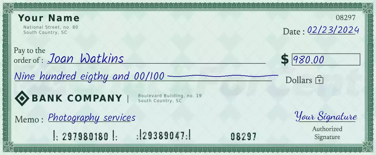 Example of a 980 dollar check