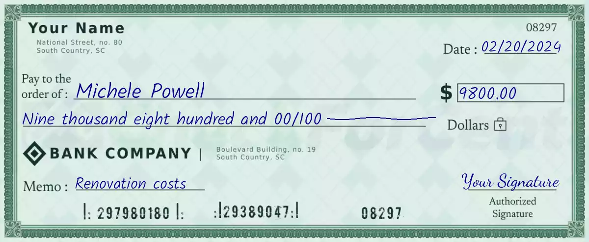 Example of a 9800 dollar check