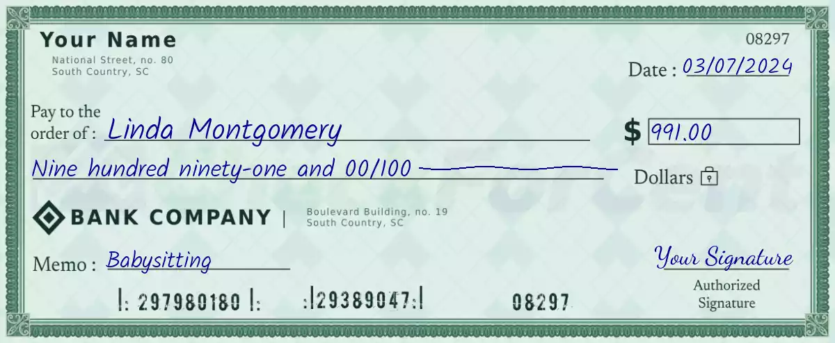 Example of a 991 dollar check