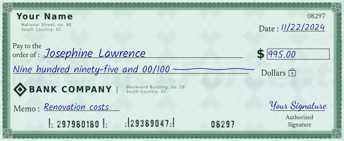 Example of a 995 dollar check
