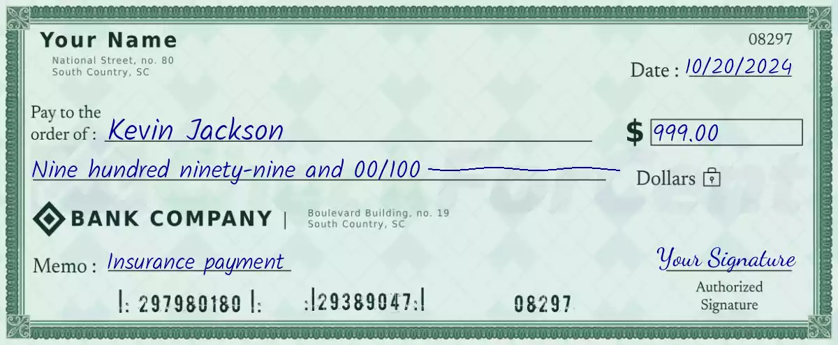 Example of a 999 dollar check