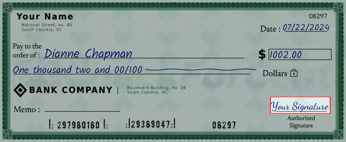 Sign the 1002 dollar check