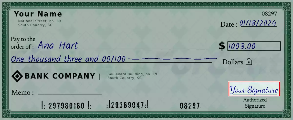 Sign the 1003 dollar check