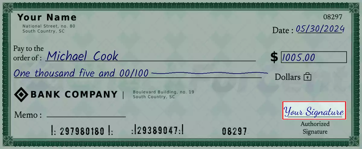 Sign the 1005 dollar check