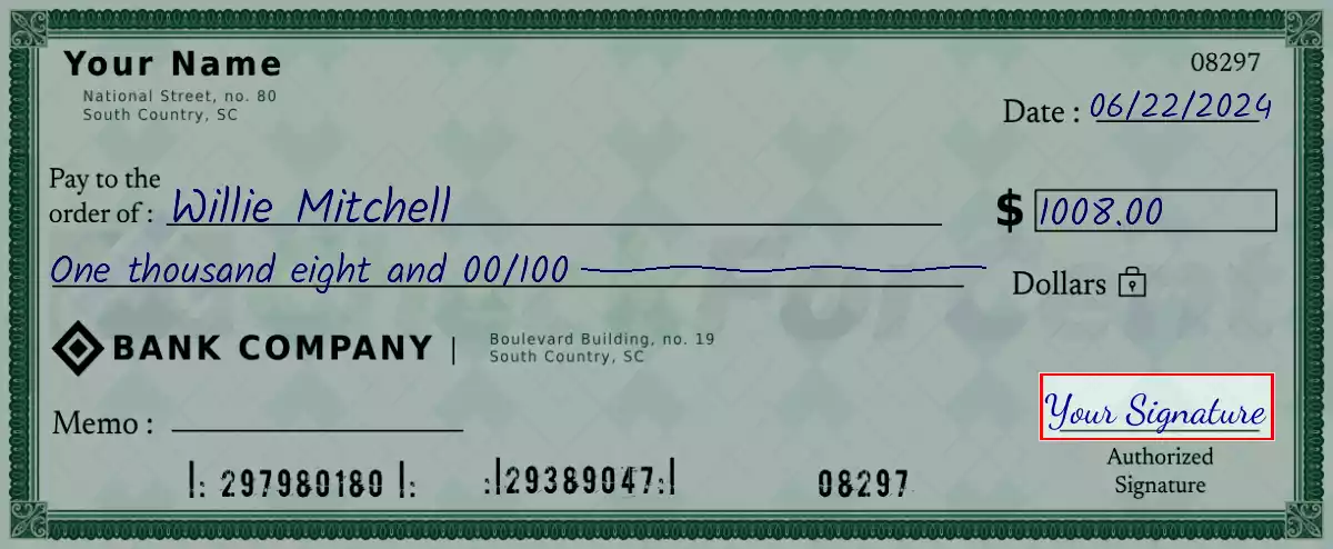 Sign the 1008 dollar check