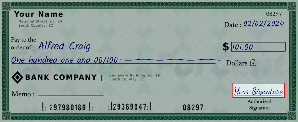Sign the 101 dollar check
