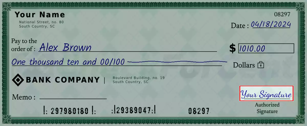 Sign the 1010 dollar check
