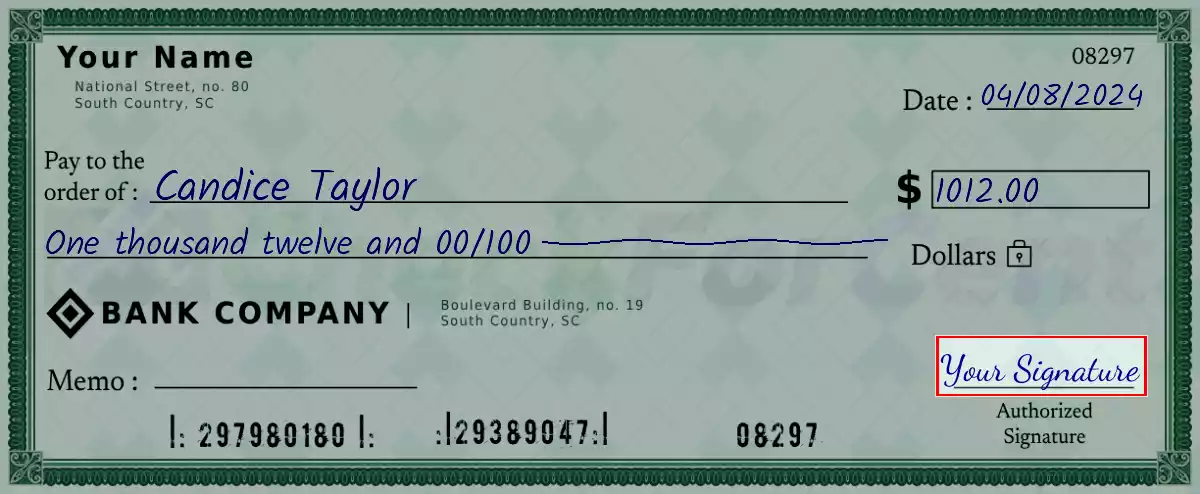 Sign the 1012 dollar check