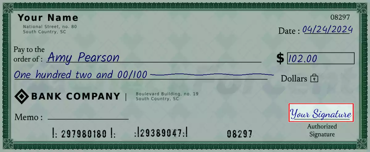 Sign the 102 dollar check
