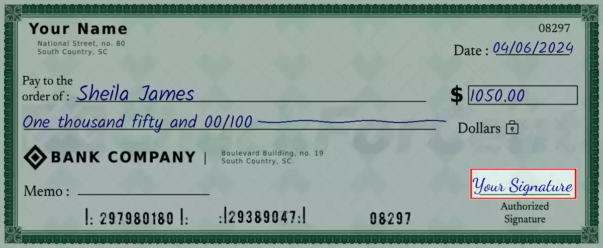 Sign the 1050 dollar check