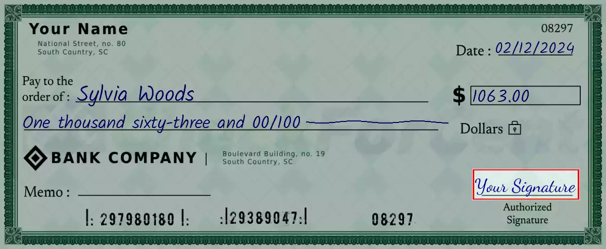 Sign the 1063 dollar check