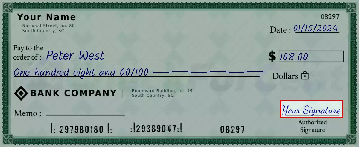 Sign the 108 dollar check