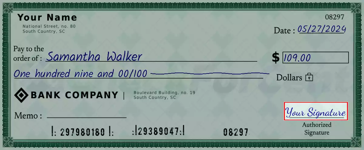 Sign the 109 dollar check