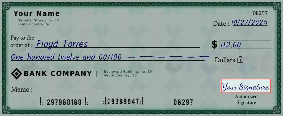 Sign the 112 dollar check