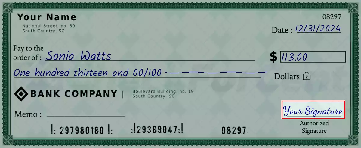 Sign the 113 dollar check
