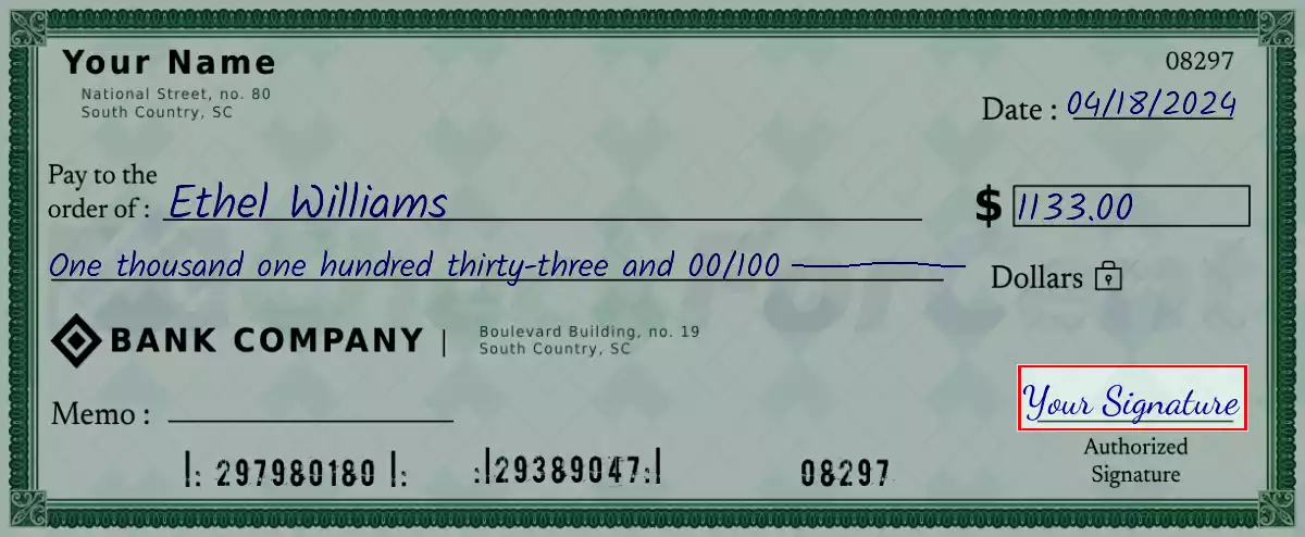 Sign the 1133 dollar check