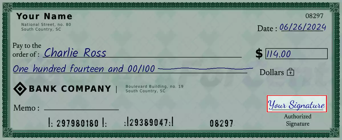 Sign the 114 dollar check