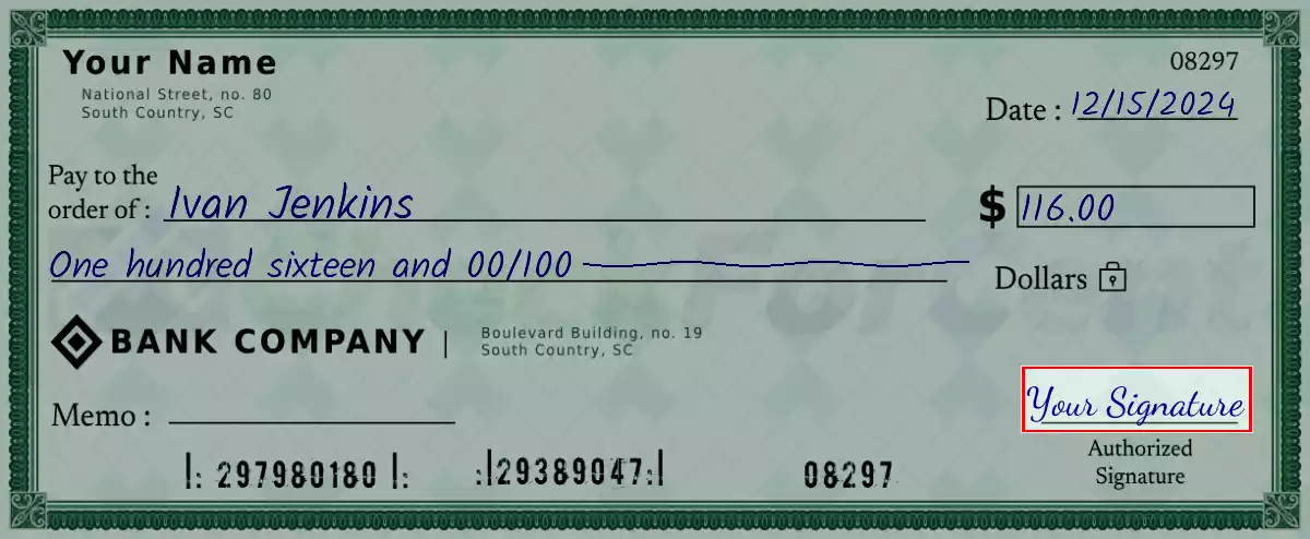 Sign the 116 dollar check