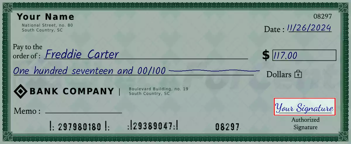 Sign the 117 dollar check