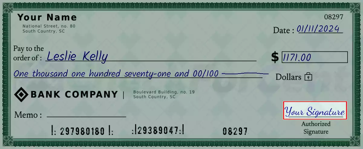 Sign the 1171 dollar check