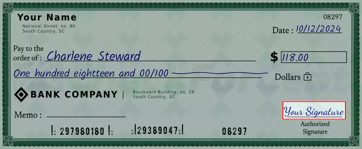 Sign the 118 dollar check