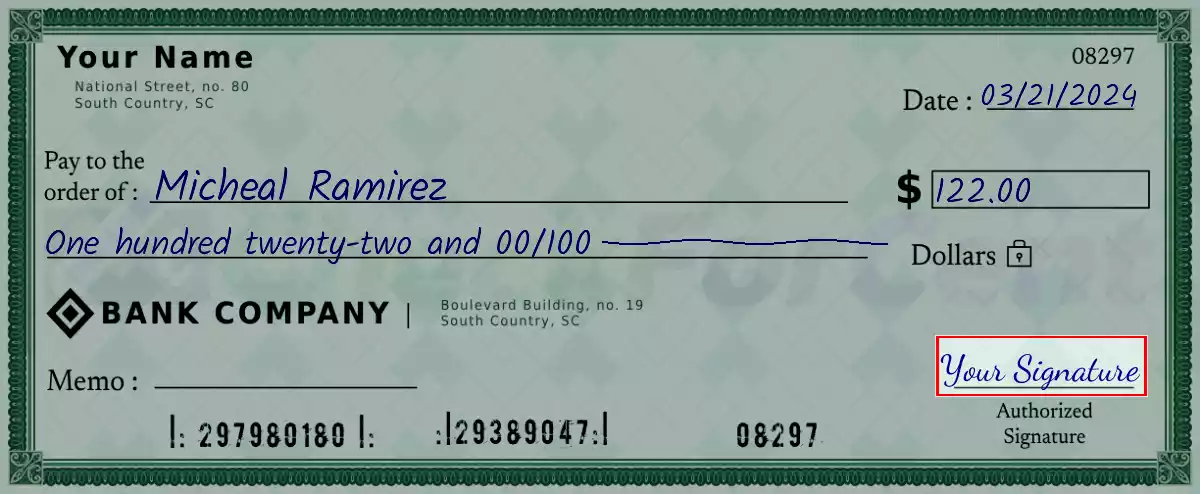 Sign the 122 dollar check