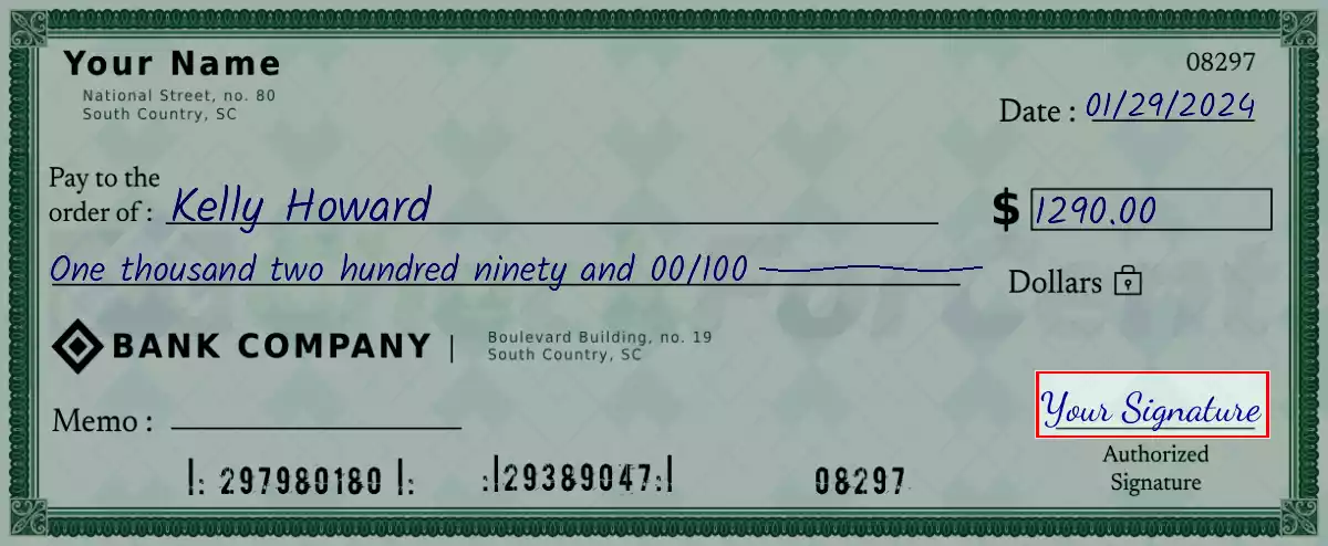 Sign the 1290 dollar check