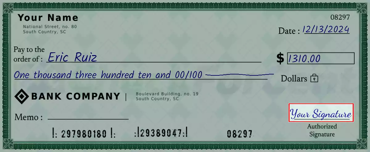 Sign the 1310 dollar check