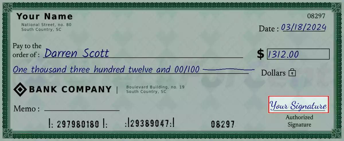 Sign the 1312 dollar check