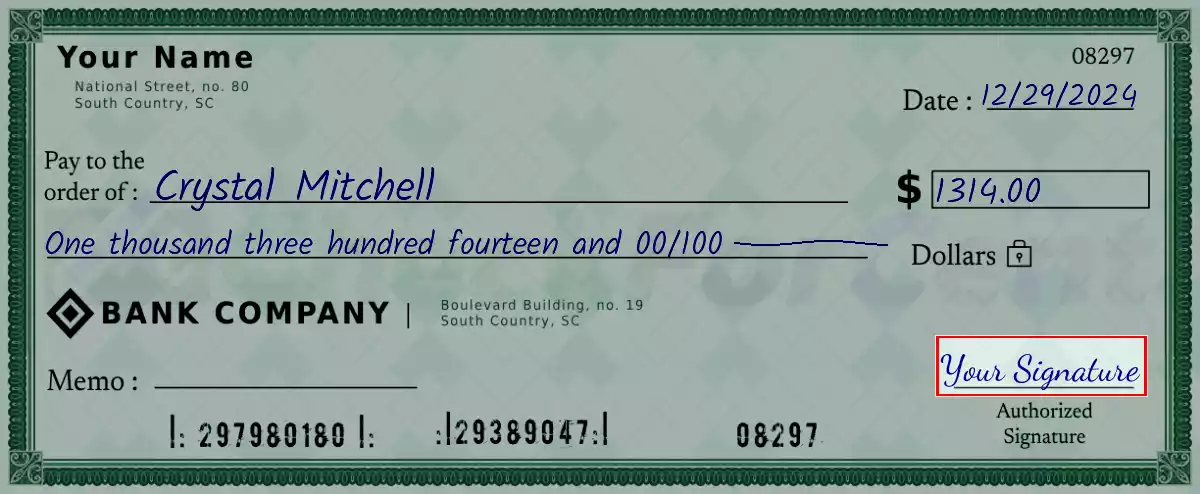 Sign the 1314 dollar check