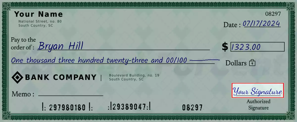 Sign the 1323 dollar check