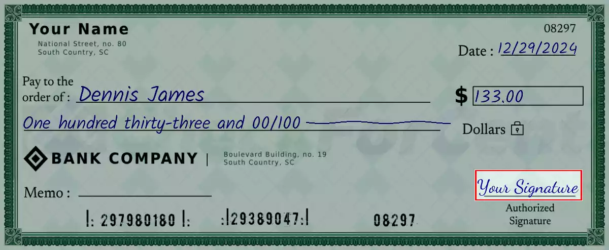 Sign the 133 dollar check