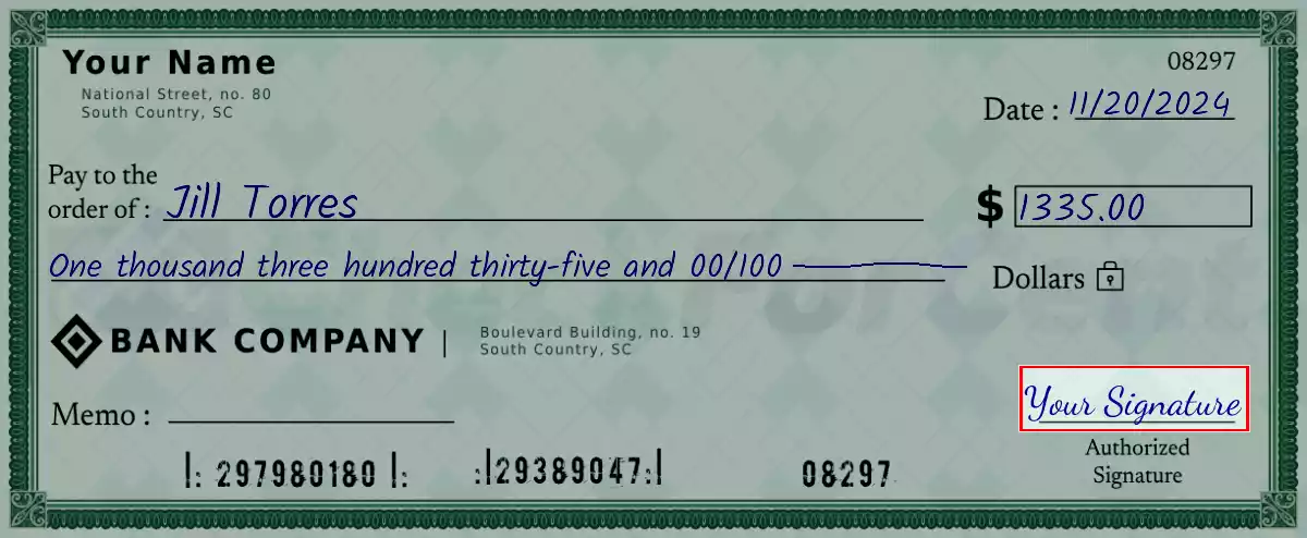 Sign the 1335 dollar check