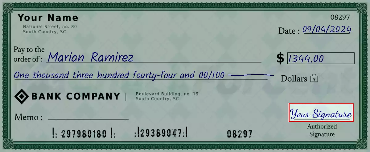 Sign the 1344 dollar check
