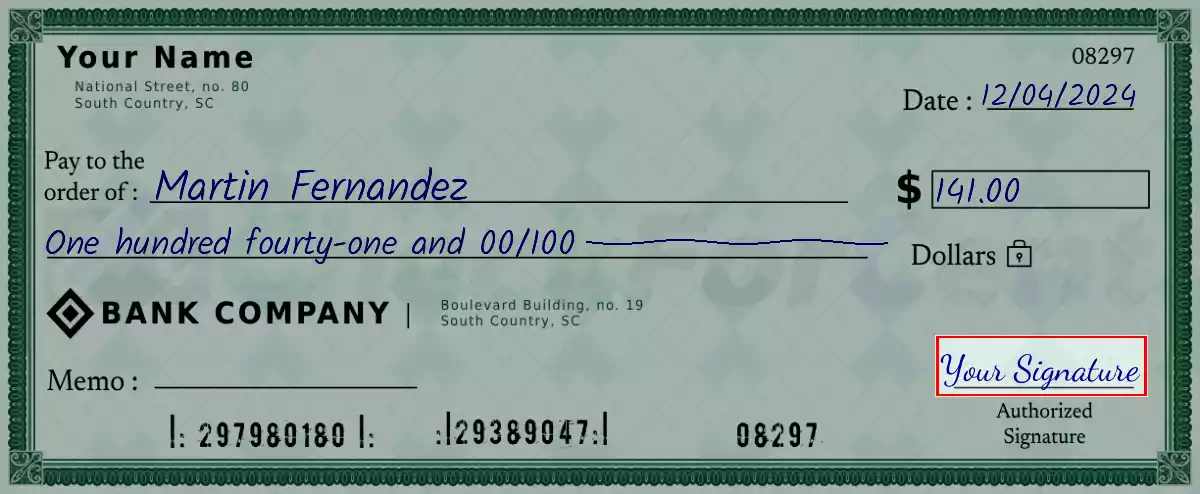 Sign the 141 dollar check